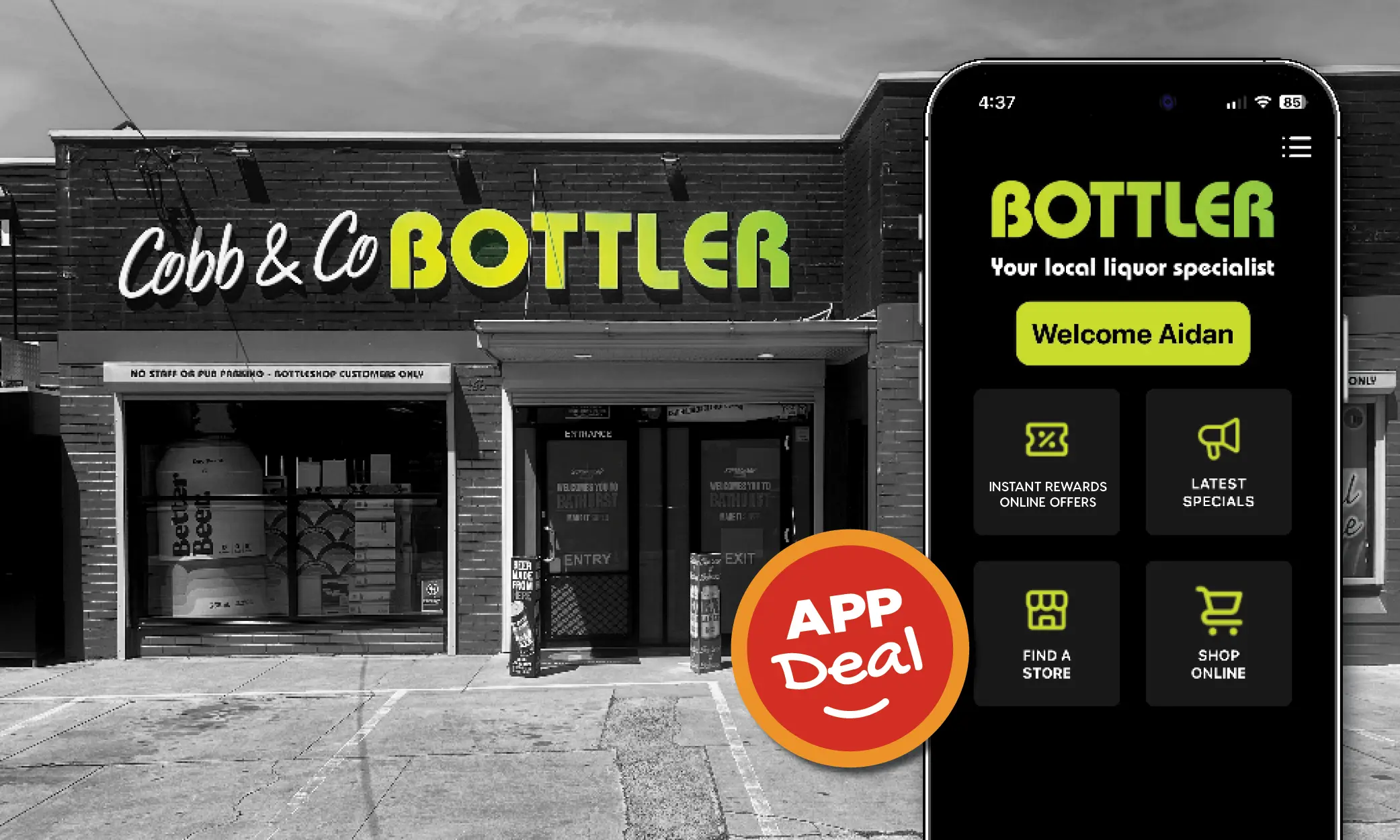 Device displaying the Bottler App with a Bottler store in the background